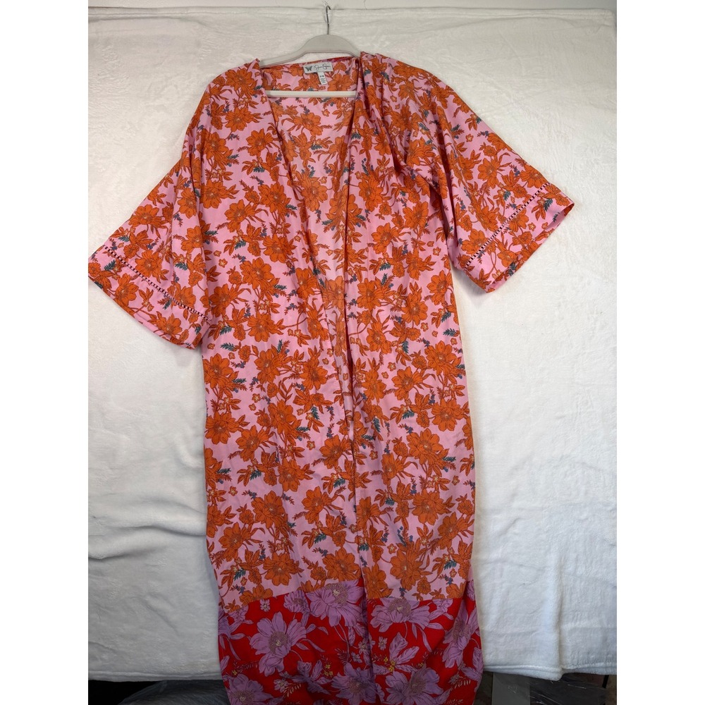 Jessica Simpson Floral Kimono Duster S/M Pink Orange Boho Open Front Women